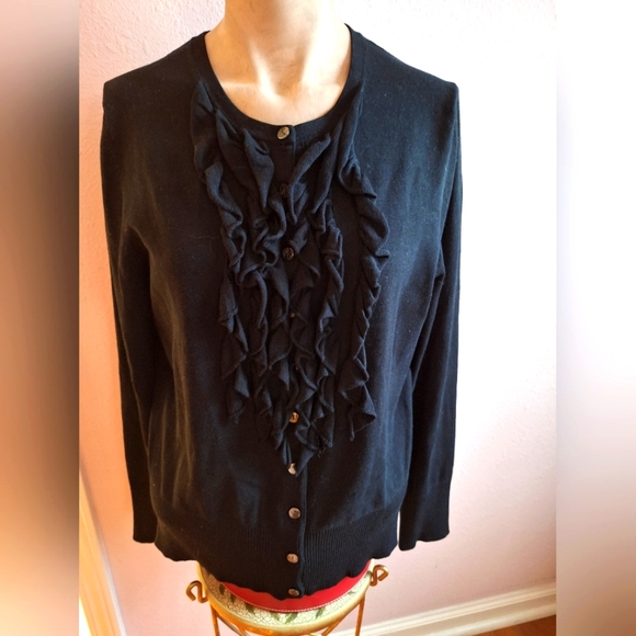 Chaus Sweaters - CHAUSE BLACK KNIT RUFFEL CARDIGAN